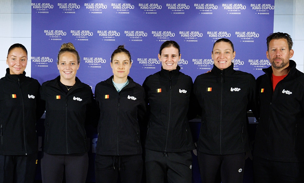 Belgian Sofia Costoulas, Belgian Kimberley Zimmermann, Belgian Marie Benoit, Belgian Greet Minnen, Belgian Yanina Wickmayer and Belgian team captain Wim Fissette pose for the photographer during the draw ahead of the meeting between Belgium and Hungary, in the Play-Offs for the Billie Jean King Cup tennis, in Charleroi, on Friday 10 November 2023. BELGA PHOTO BENOIT DOPPAGNE